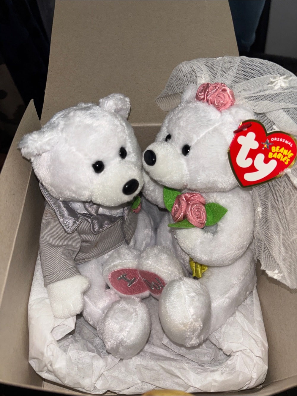 Ty Beanie Babies White Bridal Bear Couple with Pink Rose Accents